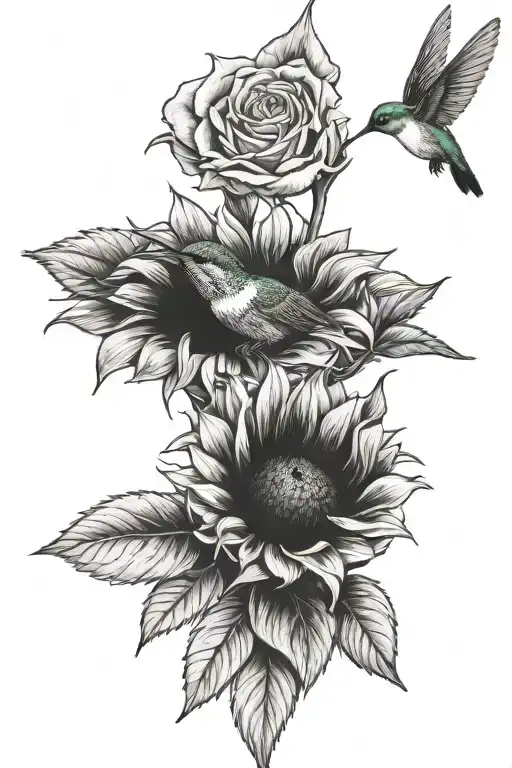 Sunflower and roses hummingbird sipping nectar tattoo design idea