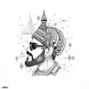 A dotwork tattoo of a biker surrounded by Indian landmarks tattoo design idea