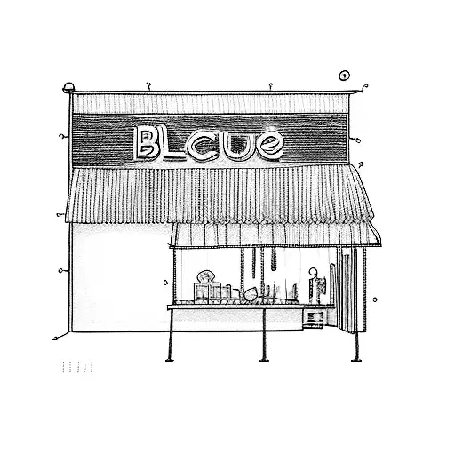 a blue building with a neon sign tattoo design idea