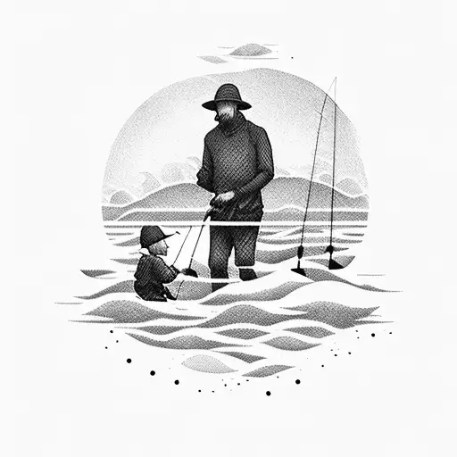 grandfather, father and son fishing at a lake in silhouette  tattoo design idea