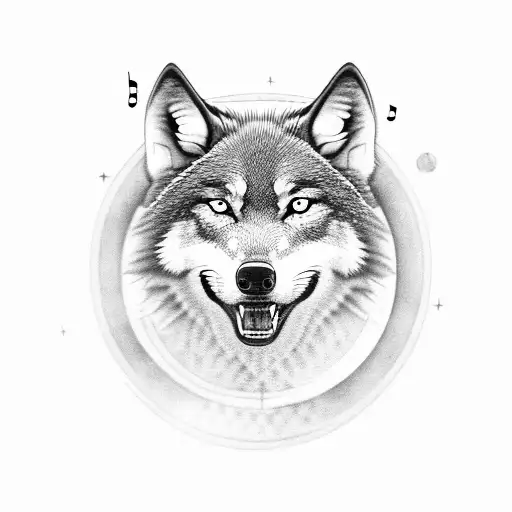 A black-grey tattoo of a wolf howling at a full moon with music notes around it tattoo design idea