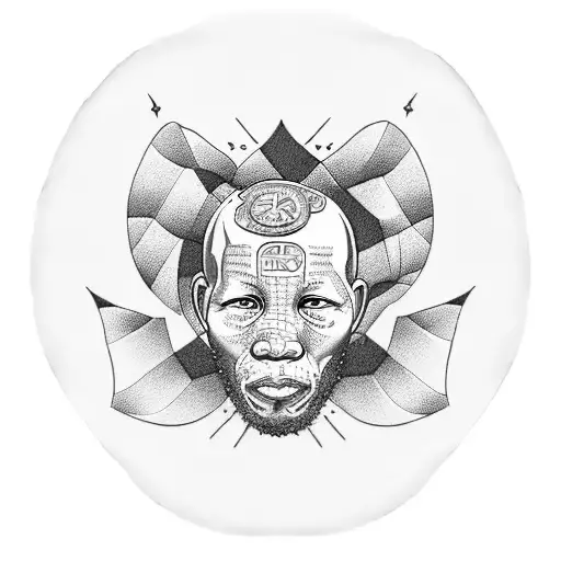 A realistic blackwork tattoo of a money mandela riding a unique bike tattoo design idea