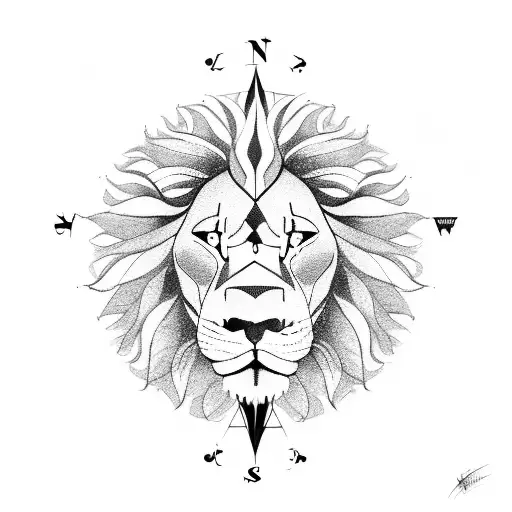 compass with roses and a lion tattoo design idea