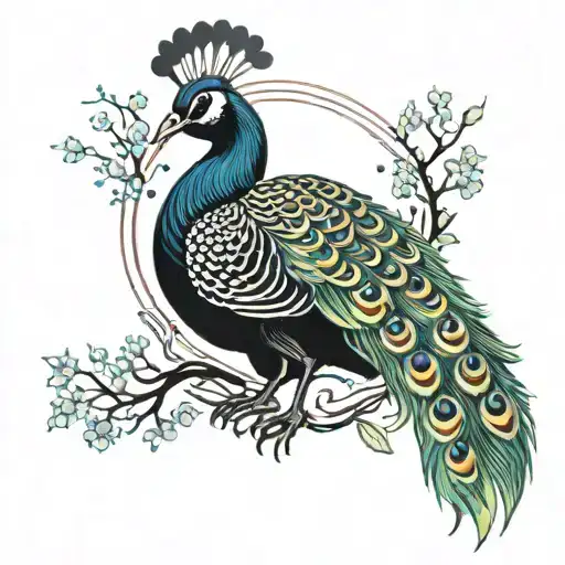 Peacock with appletree tail and cygus constellation tattoo design idea