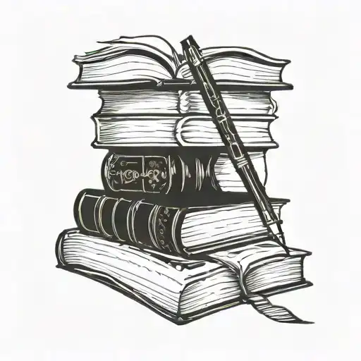 stack of books with one open with a pen writing lines in it tattoo design idea