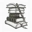 stack of books with one open with a pen writing lines in it tattoo design idea