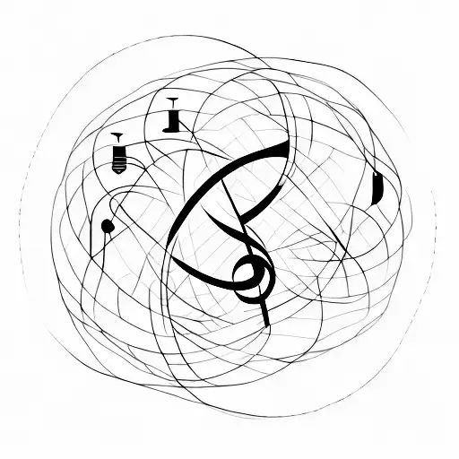 A minimalist tattoo design featuring a silhouette of a teacher in front of a chalkboard with musical notes and film reel elements intertwined in the background tattoo design idea