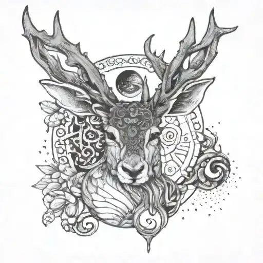 Jackalope head with yin yang necklace tattoo design idea