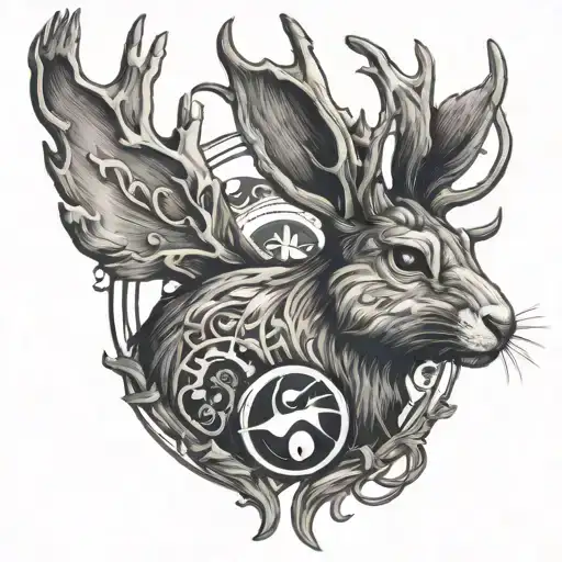 Jackalope head with yin yang necklace tattoo design idea