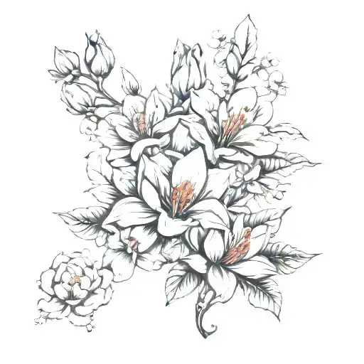magnolia flower, water lily, geraniums, hyacinth, hibiscus, lilacs, black and gray tattoo design idea