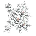 magnolia flower, water lily, geraniums, hyacinth, hibiscus, lilacs, black and gray tattoo design idea