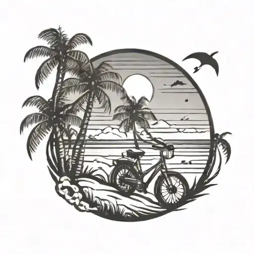 bike riding point of view with beach scene sunset , coconut tree tattoo design idea