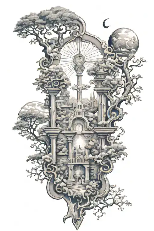 biblic landscape religion symbols in one tattoo design idea