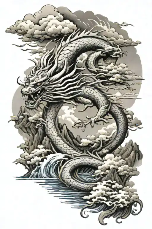 japanese dragon legendary landscape mountains seas oceans clouds  tattoo design idea
