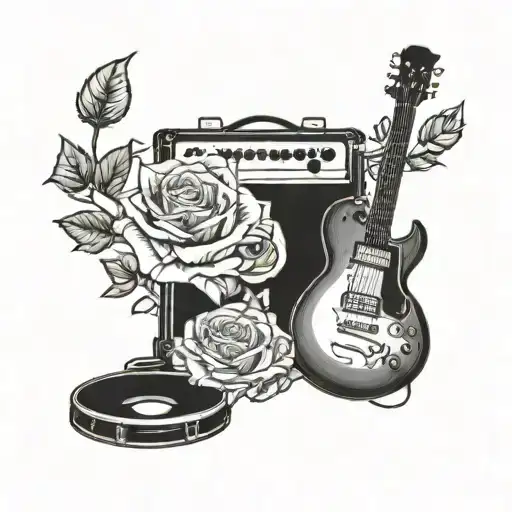 guitar drums roses growing tattoo design idea