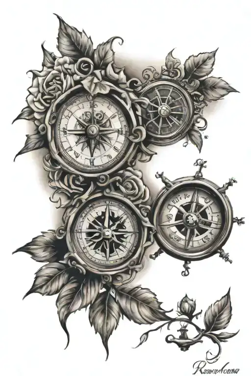 rosemoney ,compass and clock  tattoo design idea