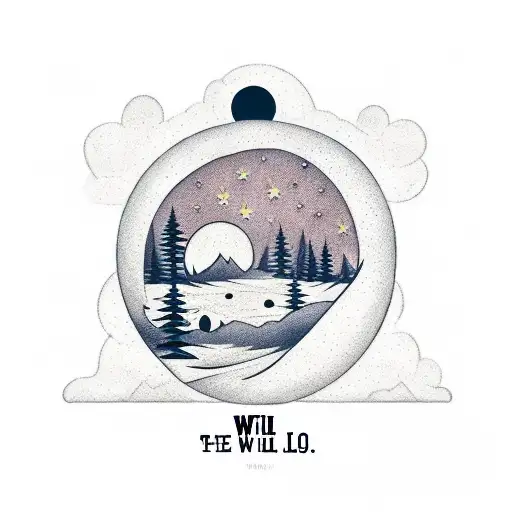 the name "Will" surrounded by mountains, trees, animals, moon and stars. Basically Country Living tattoo design idea