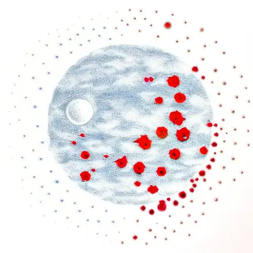Sun rays with misty clouds and moon with one side where sun there is bits of red Petals and on the other side where the moon is there is blue bits of rain tattoo design idea