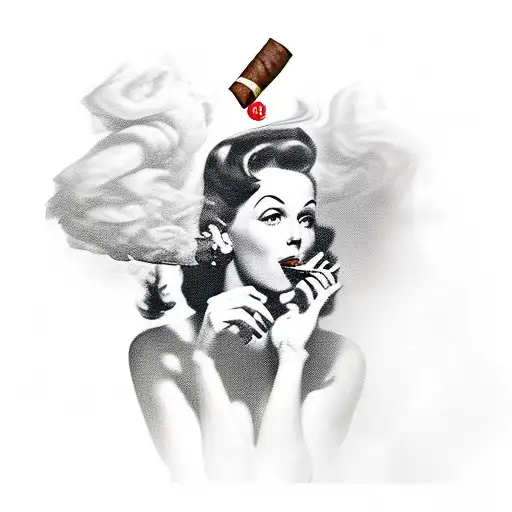 Sexy old school pin up holding a cigar as smoke passes behind her. Woman has to be in traditional style with big beast and partial nipple showing tattoo design idea