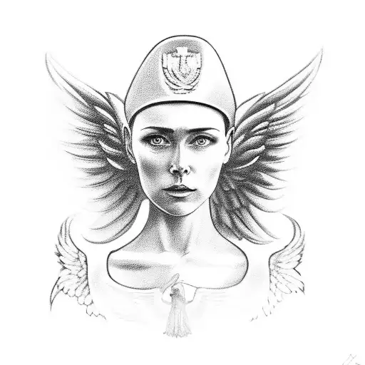 Ukrainian military man stands facing forward. Behind the military woman's back is an angel with large wings. there is fog around them tattoo design idea