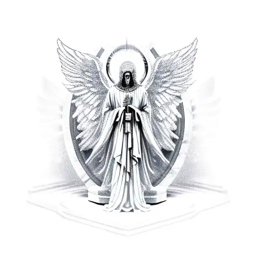 marble hooded god with wings sitting in a throne and holding a torch, face is not seen, ultra detailed, hyperrealistic, circle and writings around, skull shield underneath, clouds around, white background, black lines tattoo design idea