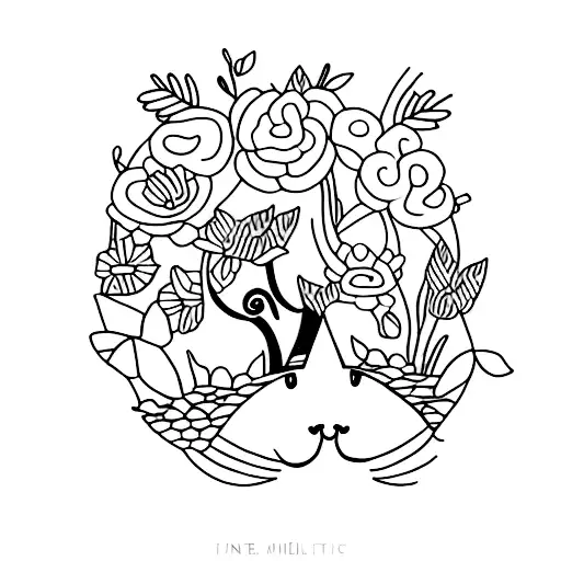 A minimalist tattoo of a cat sitting amidst a garden of flowers, symbolizing the client's love for both cats and nature. tattoo design idea