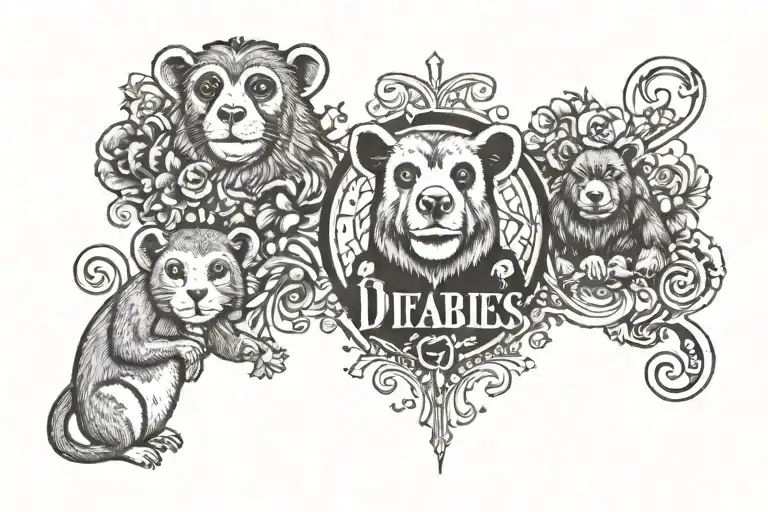 hamster monkey and bear with Beatles theme and words " in my life I love upi more" tattoo design idea