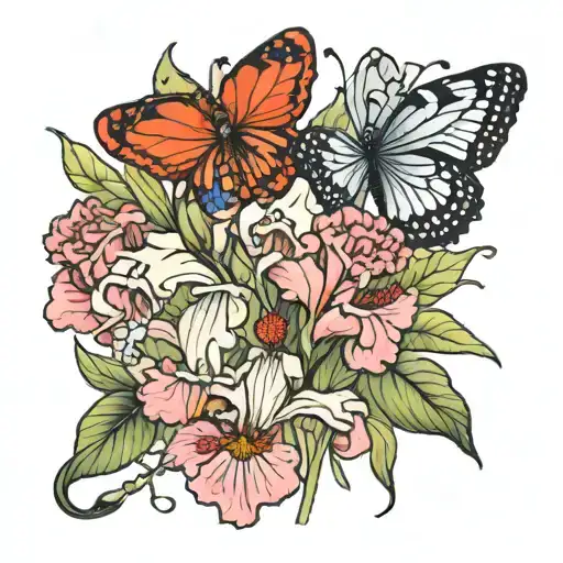 iris and poppy with poppy growing sideways with four butterflies  tattoo design idea