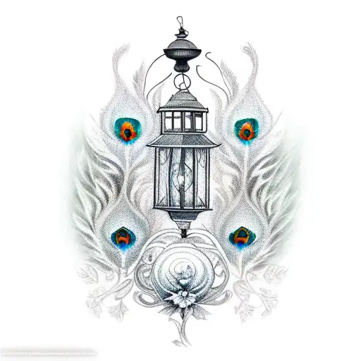lantern with white peacock and flowers tattoo design idea