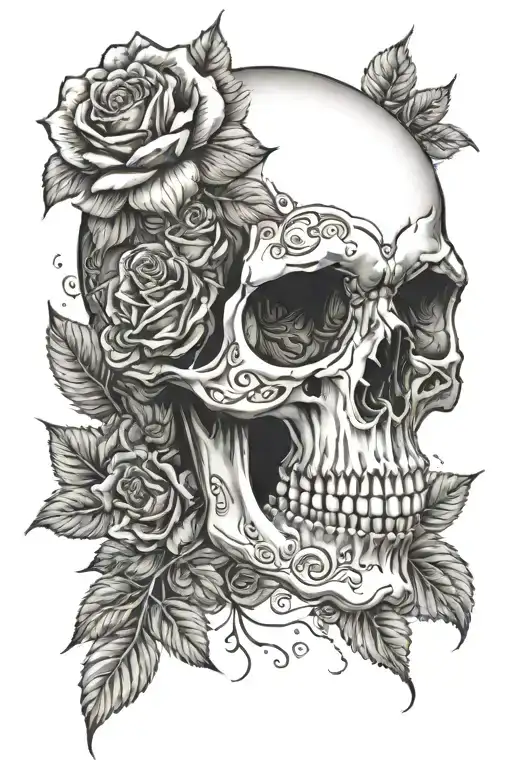 skull and roses blooming tattoo design idea