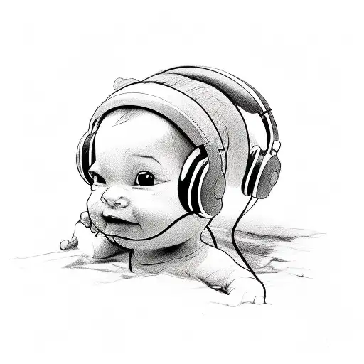 "The baby crawling to the right, to its right, a child walking to the right with headphones on their ears and a joystick tattoo design idea