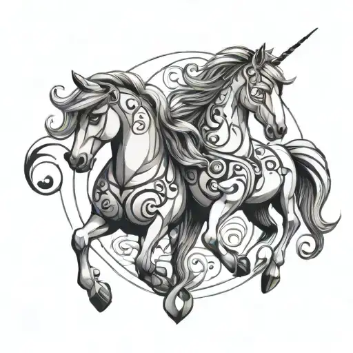 two ponies with geometric swirls incorporating musical notes tattoo design idea