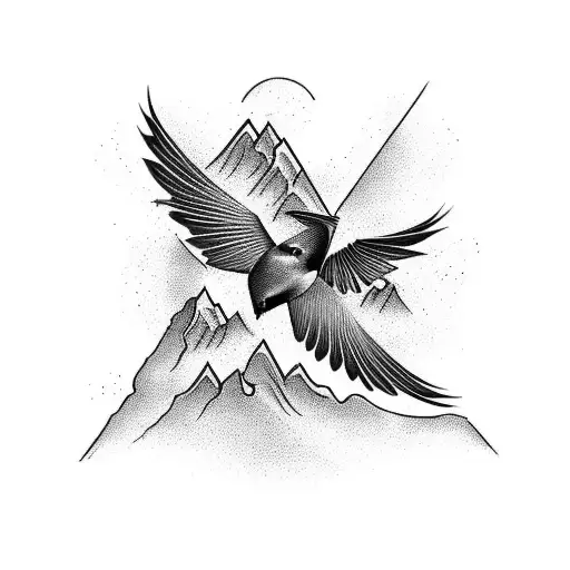 Craft a blackwork tattoo depicting a majestic mountain range with swallows soaring above tattoo design idea