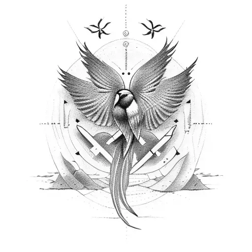 Combine dotwork and sketch styles to create a tattoo design showcasing a soldier and a flock of swallows in an outdoor setting tattoo design idea