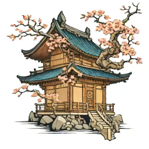 pagode + sakura tree branch tattoo design idea