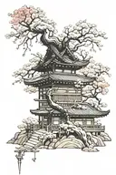 pagode + sakura tree + sepuku standing on his knees tattoo design idea