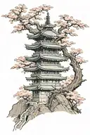 pagode + sakura tree + sepuku standing on his knees tattoo design idea