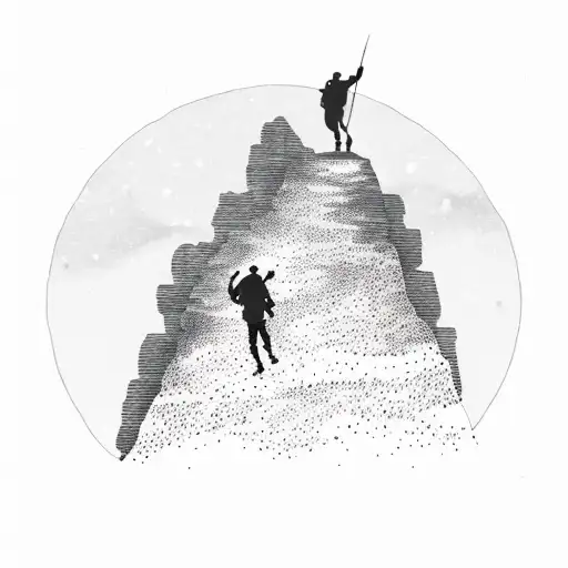 A silhouette of a hiker conquering a rugged mountain peak with a breathtaking sunset in the background tattoo design idea