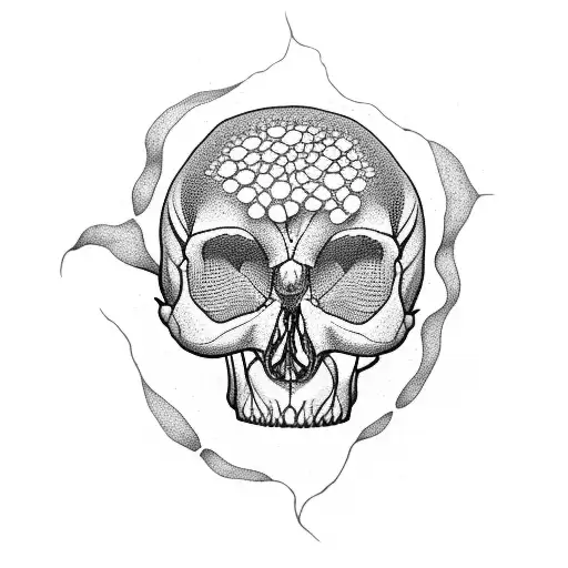 A delicate dotwork tattoo showcasing the stages of fungal growth on a human skull tattoo design idea