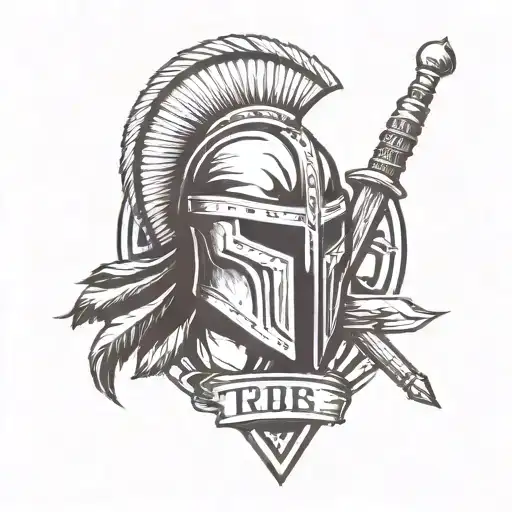 spartan helmet, shield and two spears. under the tattoo its written tribe tattoo design idea