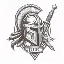spartan helmet, shield and two spears. under the tattoo its written tribe tattoo design idea