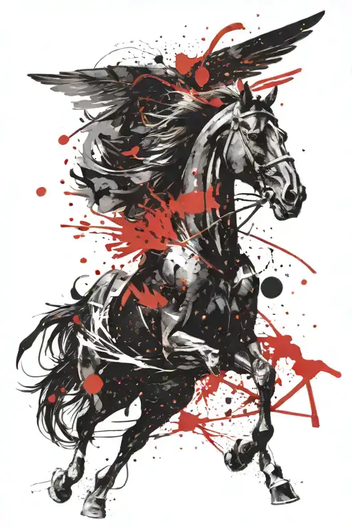 love for poetry, black horse galloping with wings feathers and ink splattered, with an anonymous rider on it tattoo design idea