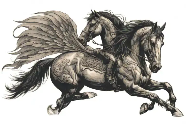 black horse with white mark forehead, it has wings and moves forward very fast,  there is a crow flying behind,has rider tattoo design idea
