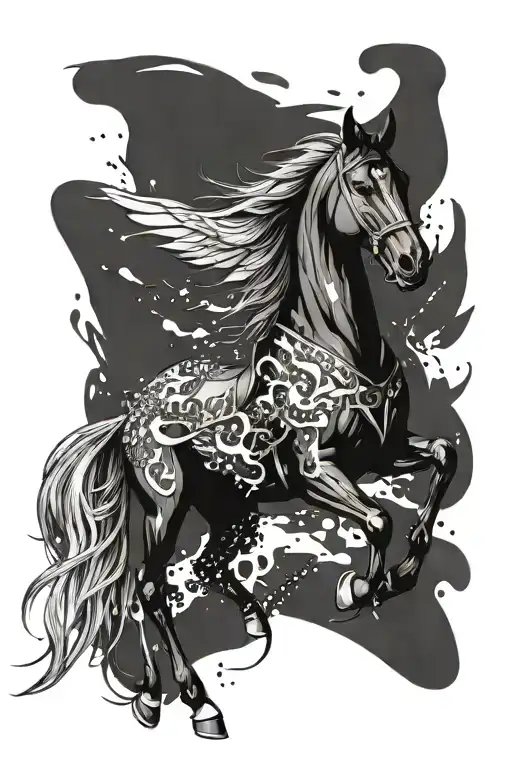love for poetry, black horse galloping with wings feathers and ink splattered, with an anonymous rider on it tattoo design idea