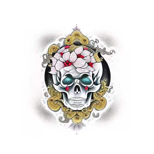 feminine skull, my Fuji, cherry blossoms, golden dragon, turtle, tsunami tattoo design idea