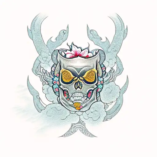 feminine skull, mt Fuji, cherry blossoms, golden dragon, turtle, tsunami tattoo design idea