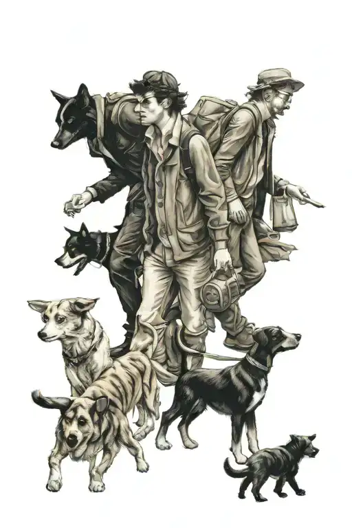 5 people walking in the avenue, 2 pairs and one man, dog and cat tattoo design idea