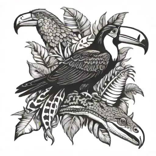 jungle with toucan, frog, sloth, snakeand alligator tattoo design idea