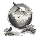 A sunset over a mountain range with birds soaring in the sky, representing the beauty of the journey on a path tattoo design idea