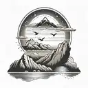 A sunset over a mountain range with birds soaring in the sky, representing the beauty of the journey on a path tattoo design idea